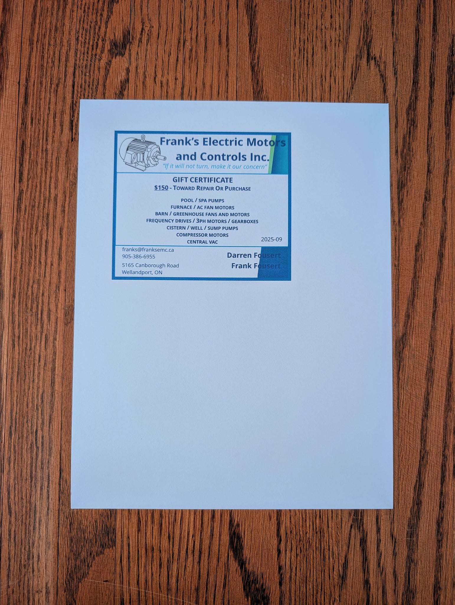 $150 gift certificate - Frank's Electric