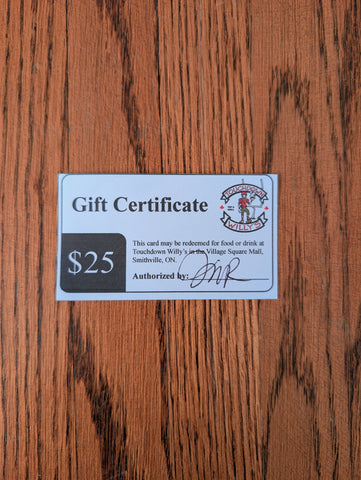 $25 Touchdown Willy's Gift certificate