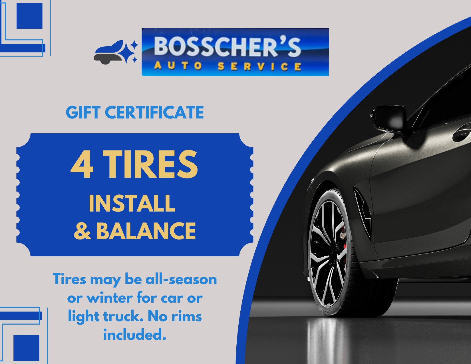 4 tires (all-season or winter)- Bosscher's Auto