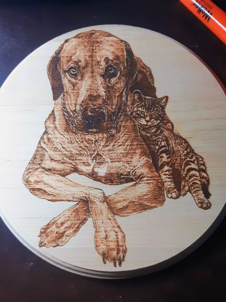 8" round Custom Woodburned Pet Portrait