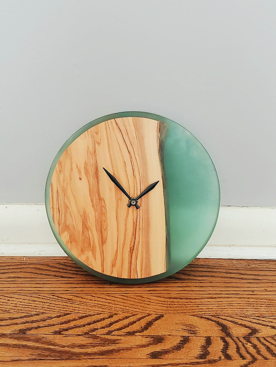 10" Handcrafted Olive Wood and Green Epoxy Clock