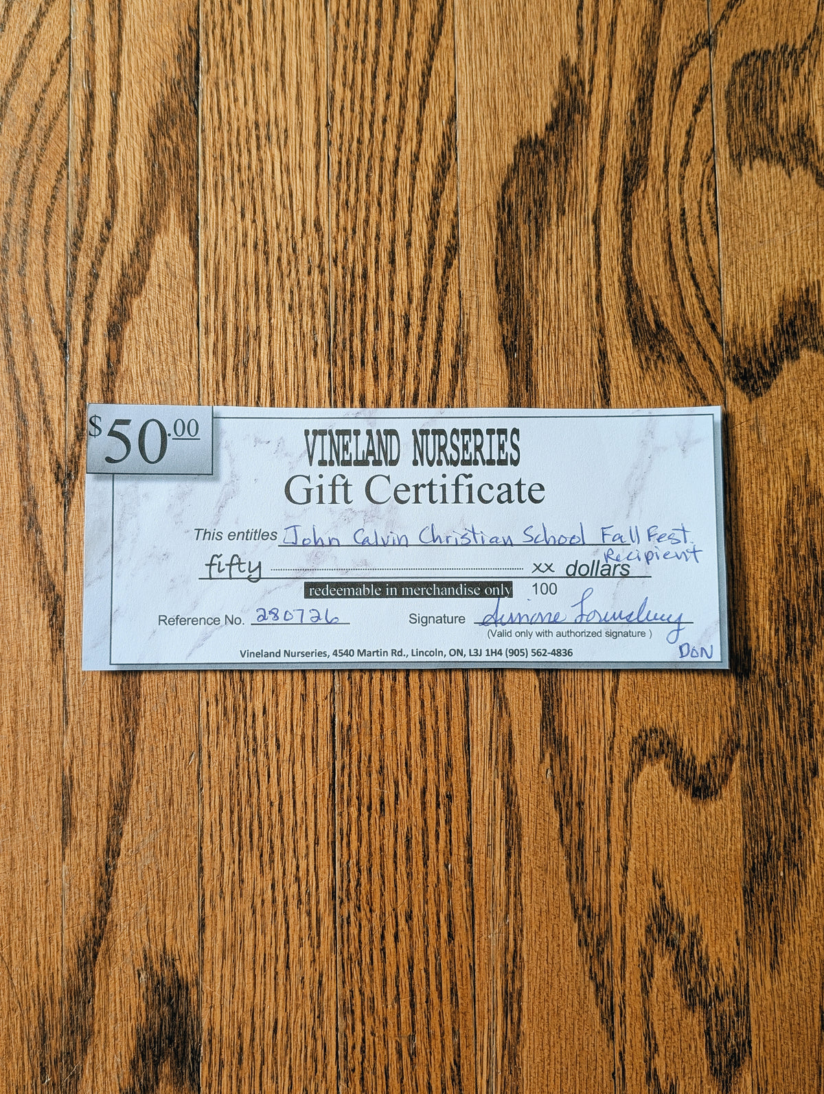 $50 Vineland Nurseries Gift Certificate