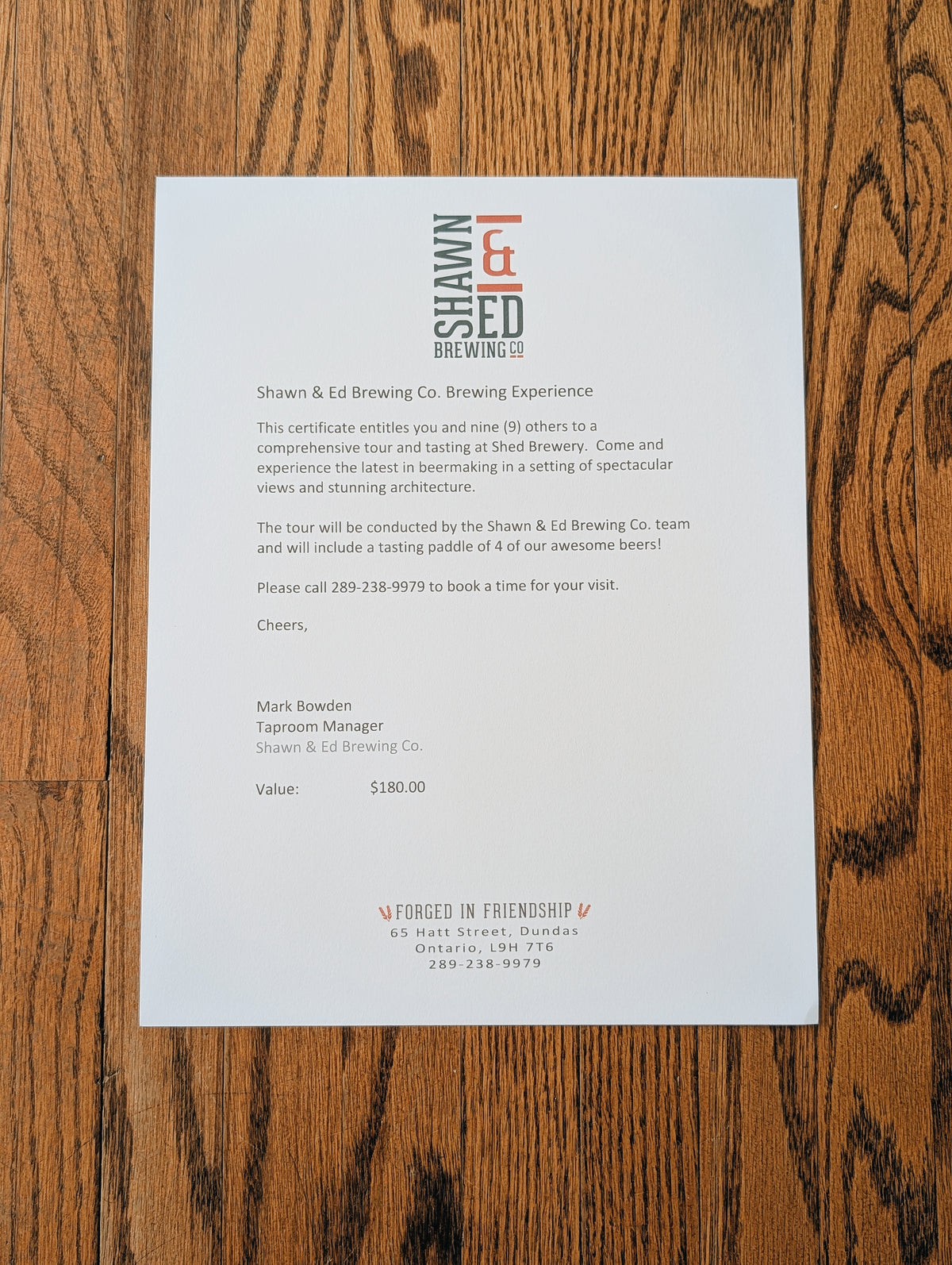 Tour and Taste Certificate Shawn & Ed Brewing Co