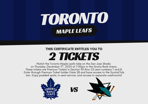 Toronto Maple Leafs Certificate - Section 101 Row 22 Seats 7 and 8