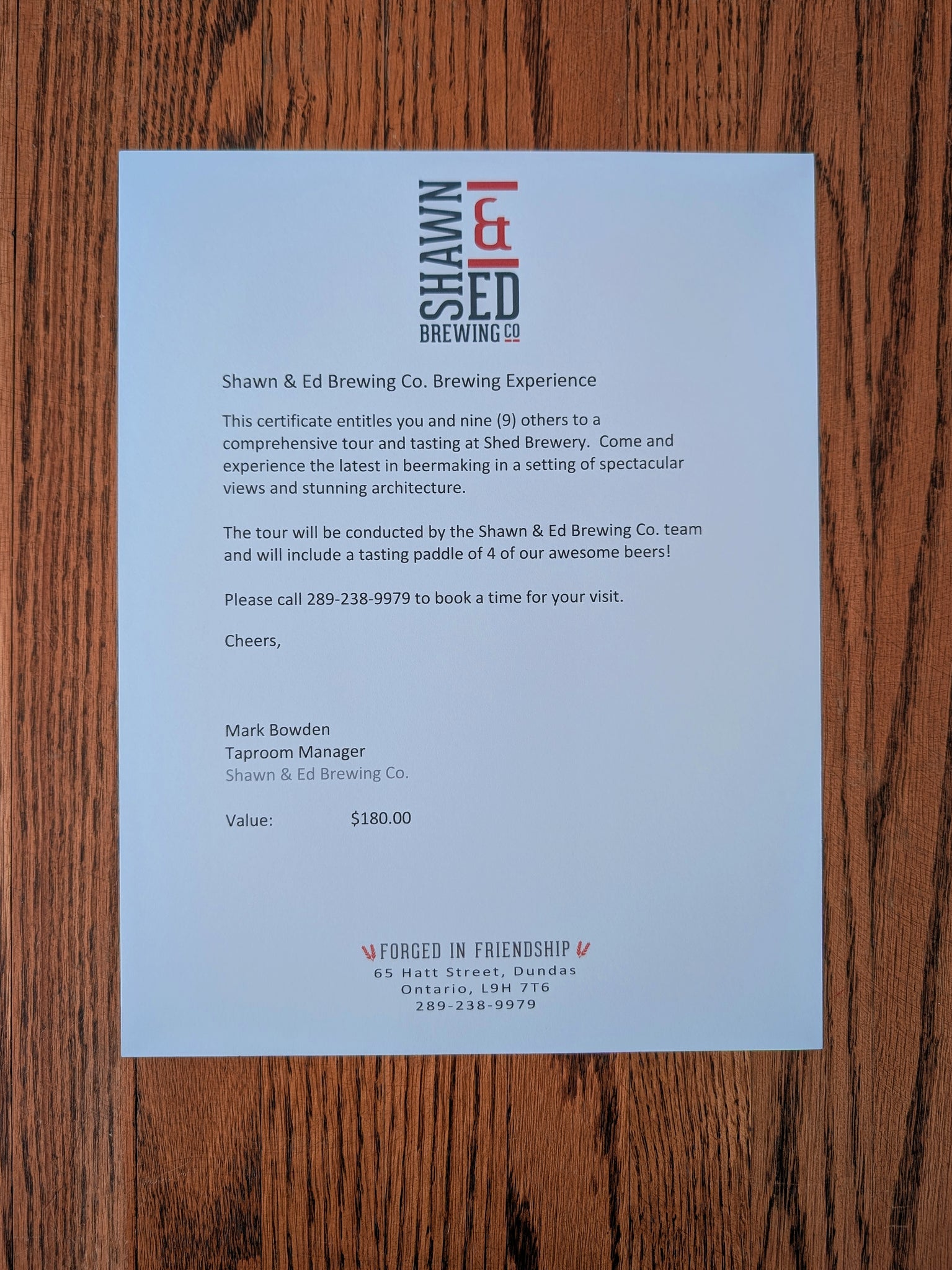 Tour and Taste Certificate Shawn & Ed Brewing Co