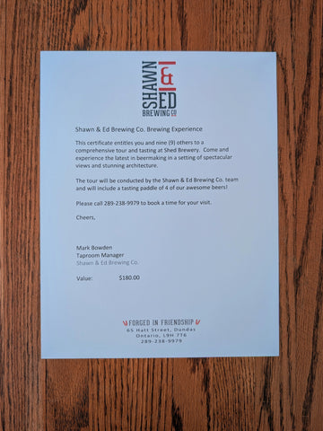 Tour and Taste Certificate Shawn & Ed Brewing Co